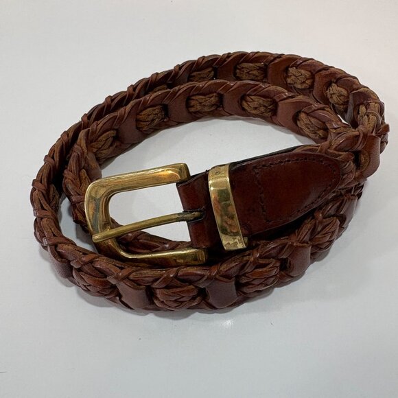 Vintage Braided Brown Genuine Leather Belt Brass Buckle ML Amiee Lynn - Picture 1 of 6